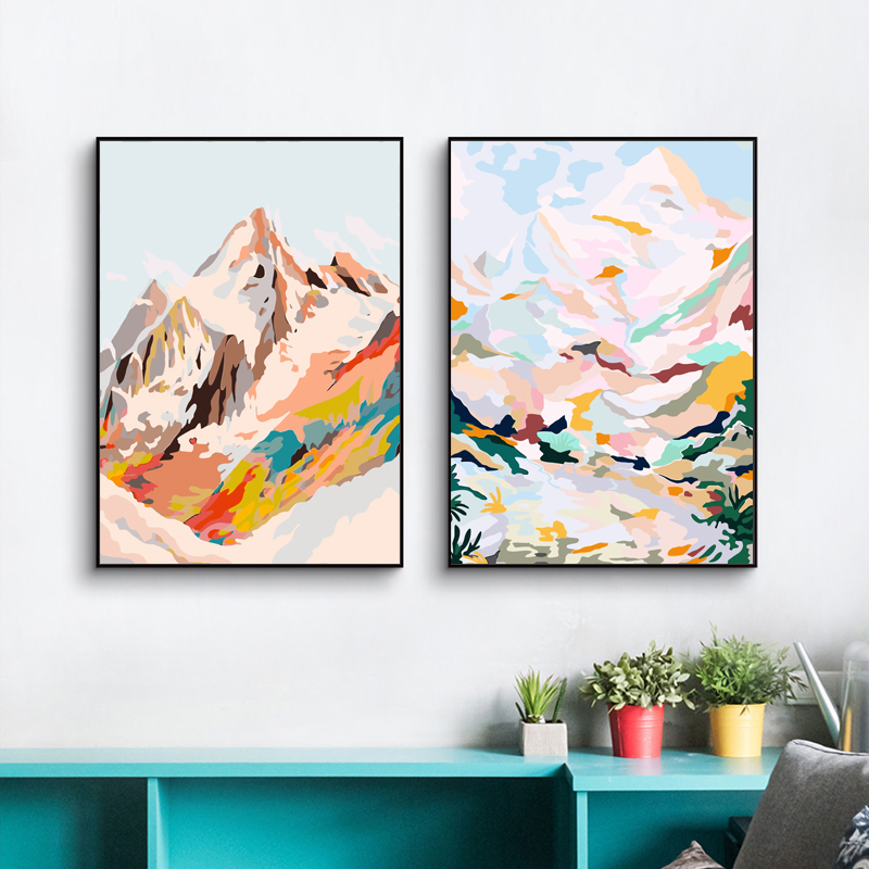 Abstract DIY digital oil painting Hand painted filled decorative painting decompression mountain landscape oil painting hanging painting with glass