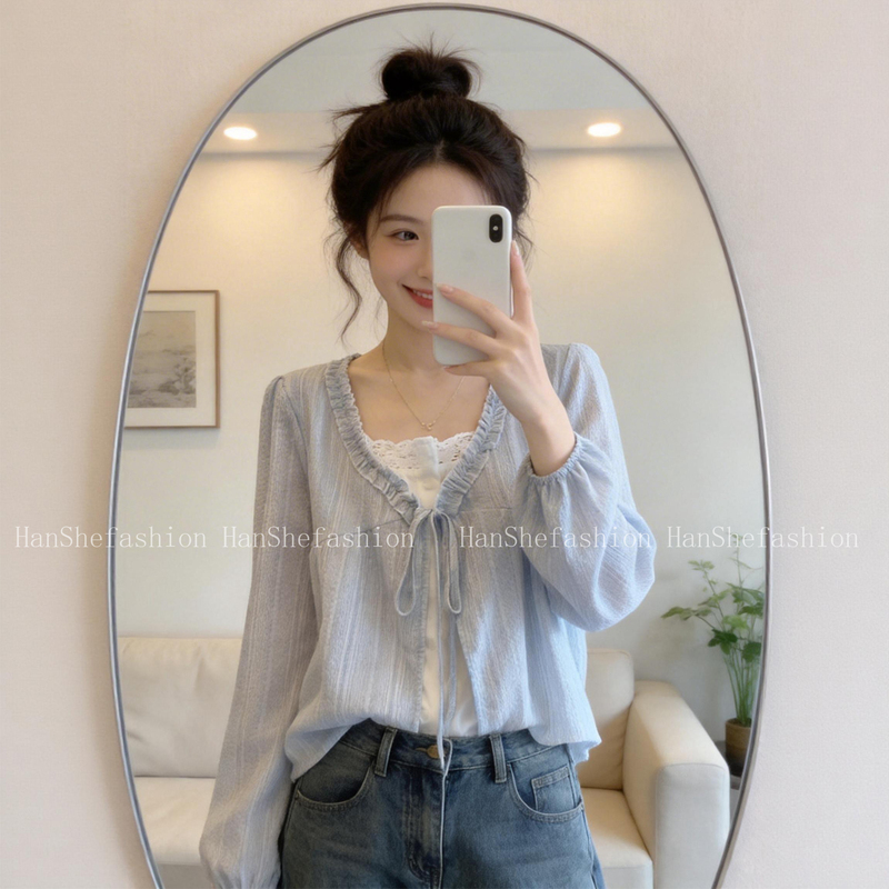 Blue Patchwork Faux Two-Piece Ruffled Tie-Up Shirt for Women, New Spring Style, Plus Size Shirt for Slightly Chubby Women, Elegant Top Blue Patchwork Faux Two-Piece Ruffled Tie-Up Shirt for Women, New Spring Style, Plus Size Shirt for Slightly Chubby Women, Elegant Top