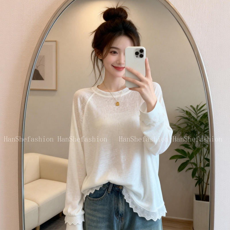 Lace Hem Cut-Out Raglan Long-Sleeve T-Shirt for Women, Early Autumn 2026 New Style, Plus-Size Design Top for Slightly Chubby Women Lace Hem Cut-Out Raglan Long-Sleeve T-Shirt for Women, Early Autumn 2026 New Style, Plus-Size Design Top for Slightly Chubby Women