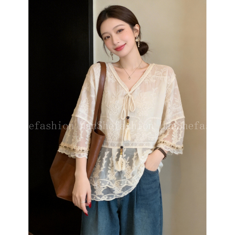Lace Cut Out Lace-Up Embroidered Shirt for Women, Spring and Summer New Style, Slightly Fat, Large Size, Elegant, Bohemian Style, Versatile Top