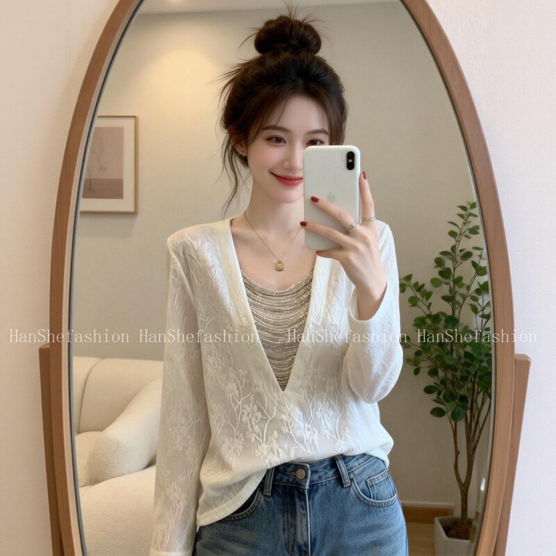 French Romantic Style Lace Jacquard V-Neck Long-Sleeved Shirt for Women Spring and Summer New Style Slightly Fat mm Large Size Design Top French Romantic Style Lace Jacquard V-Neck Long-Sleeved Shirt for Women Spring and Summer New Style Slightly Fat mm Large Size Design Top