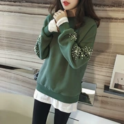 Áo hoodie XL mùa đông mới cộng với áo len cashmere hai mảnh giả nữ thời trang MM béo là áo sơ mi mỏng chạm đáy