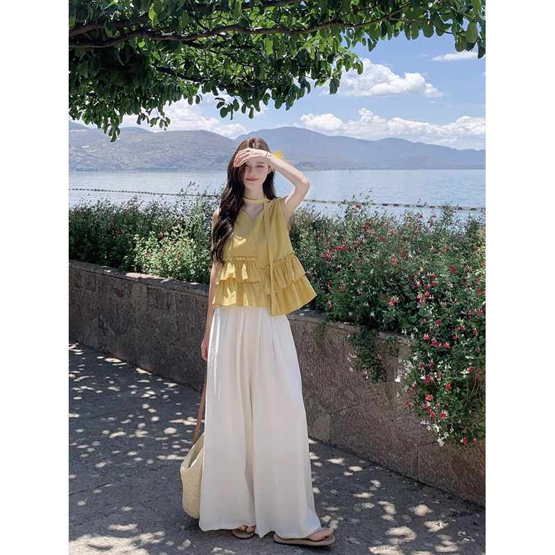 Irregular Ruffled Sweet Sleeveless Polka Dot Shirt Wide-Leg Casual Pants Women's Summer New Fashion Set Trendy