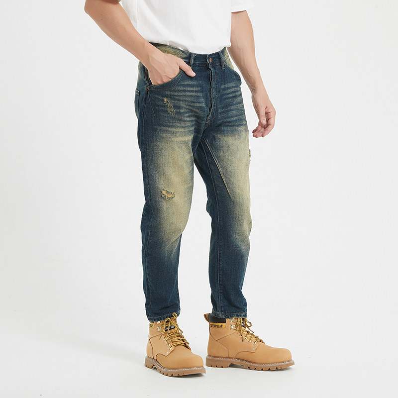 American retro jeans for men, Amei khaki washed and worn fitted tapered pants, trendy men's autumn and winter capri pants
