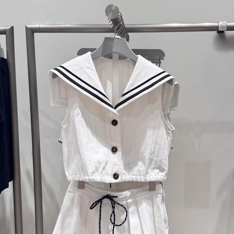 2026 Spring/Summer New College Style Simple Hem-Tightening Navy Collar Casual Sleeveless Shirt Vest Short Top for Women