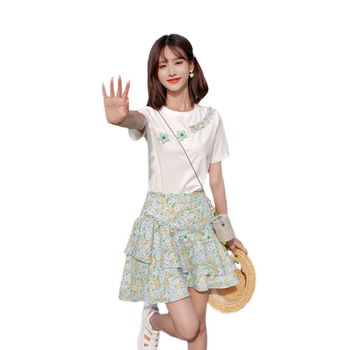 ເສື້ອຍືດແຂນສັ້ນ chiffon printed fishtail skirt
