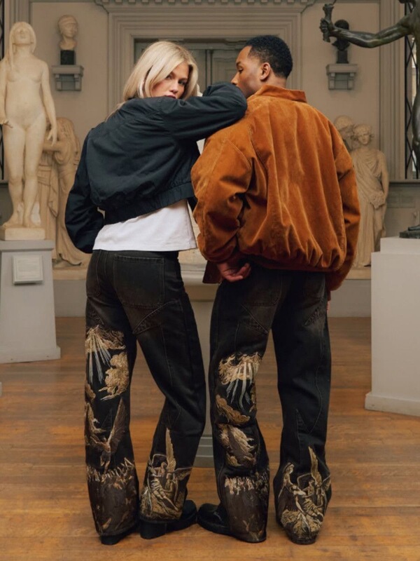 New American-Style Vescartes Jeans, Heavy-Duty Sky-Eroded Embroidery, European and American Angel Denim Pants, Unisex