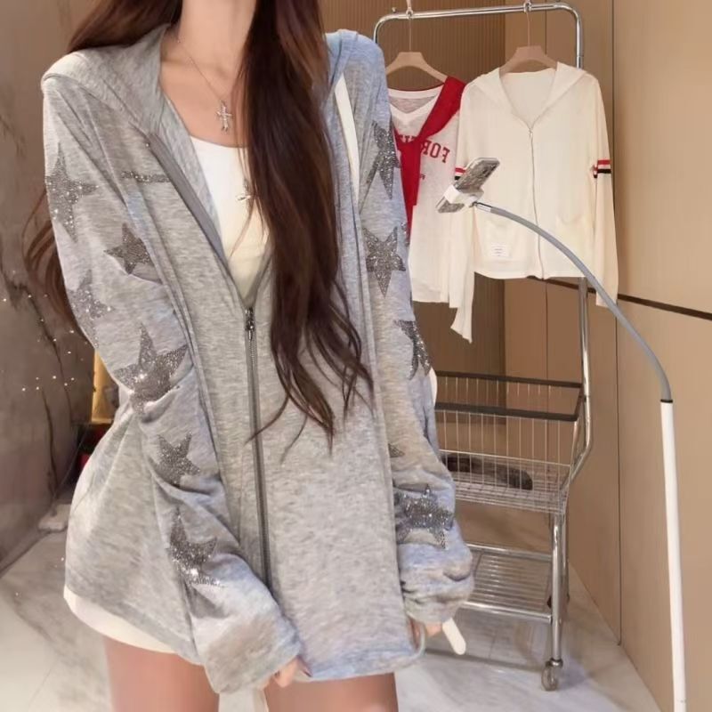 Snowflake Cotton Sun Protection Blouse, New Summer Style, Letter and Star Rhinestone Long-Sleeve Zip-Up Hooded Loose Top for Women