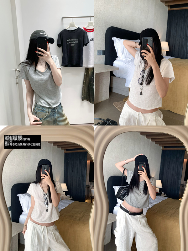 U.Ubuntu Natural Rolled Edge Loose T-Shirt for Women, Summer High Street Style, Solid Color Short-Sleeve Top, Same Style as Yigenanaya