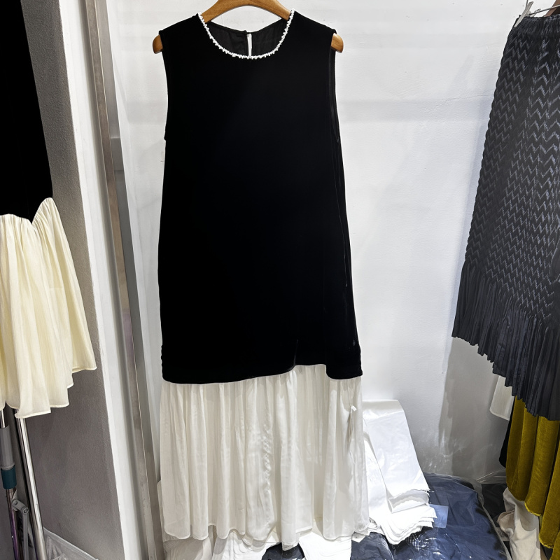 26198 Summer New Style Mulberry Silk Pearl Collar Sleeveless Dress with Back Ribbon and Hem Patchwork Faux Two-Piece Velvet Dress