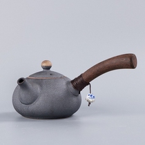 Side pot ceramic teapot Ru kiln open sheet Ebony wooden handle teapot Japanese teapot ceramic kung fu tea set accessories