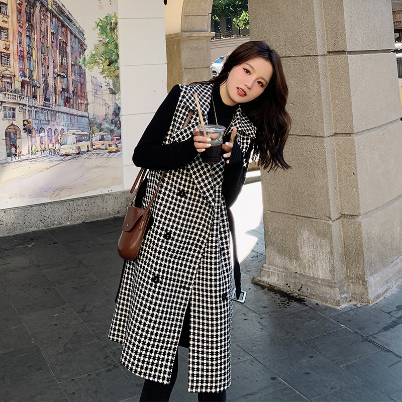 Thousand bird-style vest female spring and autumn with middle and long-form closing and shoulder retro-horse jacket tide