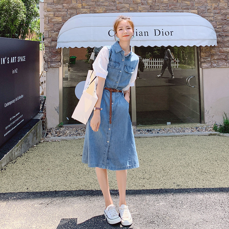 Denim stitching dress women's summer thin section small waist slimming French retro age-reducing a-line shirt dress