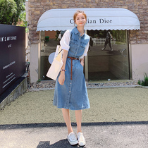 Denim Splicing One-piece Dress Woman Summer Thin subclosets waist display slim Pharma style retro reduced age A word shirt Long dress