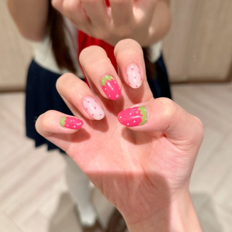 Strawberry Custard Wearable Nail Polish, Clear Pink and White Polka Dots, Sweet Girly Summer Vibe, Short Nail Art Stickers