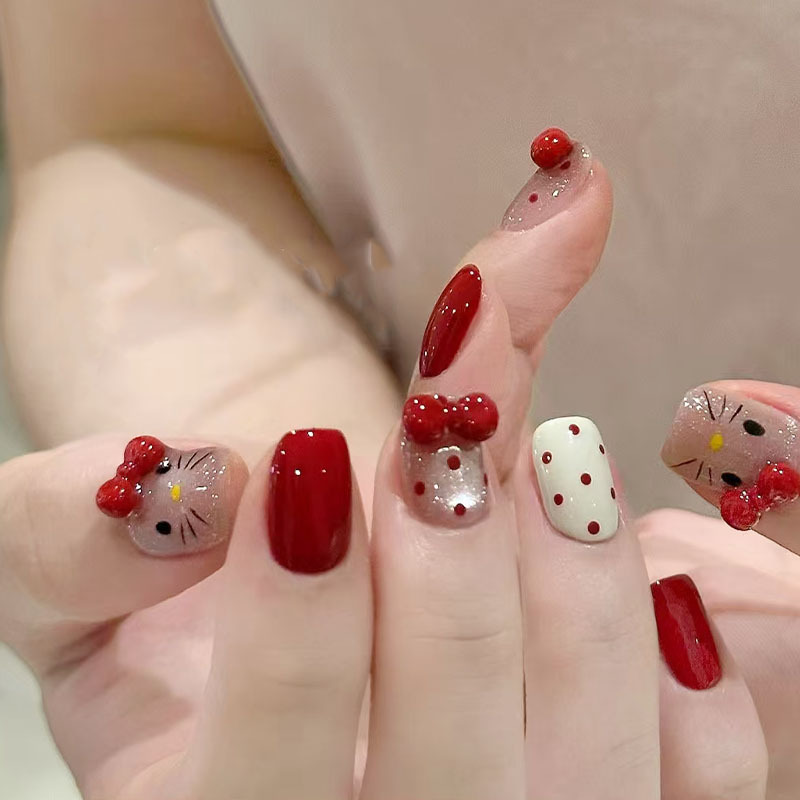 Red Kt Bow Cat-Eye Press-On Nails for Holidays, New Year, Cute and Sweet for Girls and Children, Brightening Short Nail Stickers