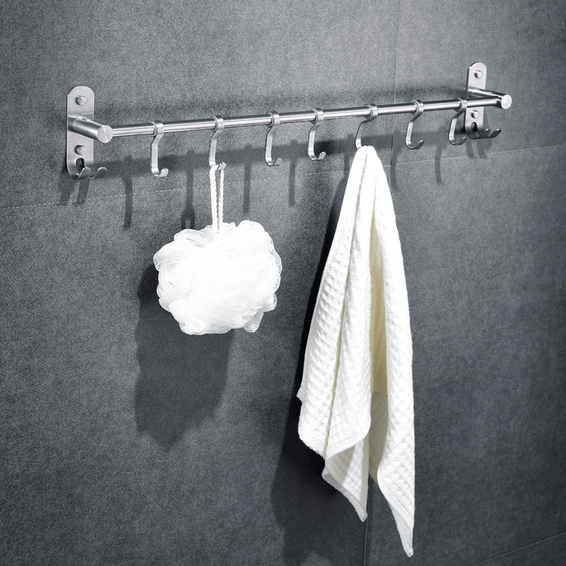 Bathroom Towel Rack, No-Drill 304 Stainless Steel Bathroom Towel Hanger, Single Rod Towel Bar with Movable Hooks