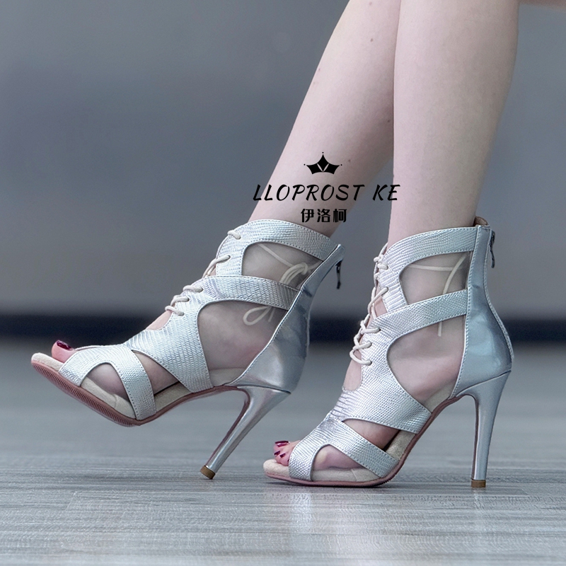 Jazz Dance High Heels Silver Shiny Sexy Dancing Heels Dance Shoes Hollow Mesh Short Boots Sandals Large Size