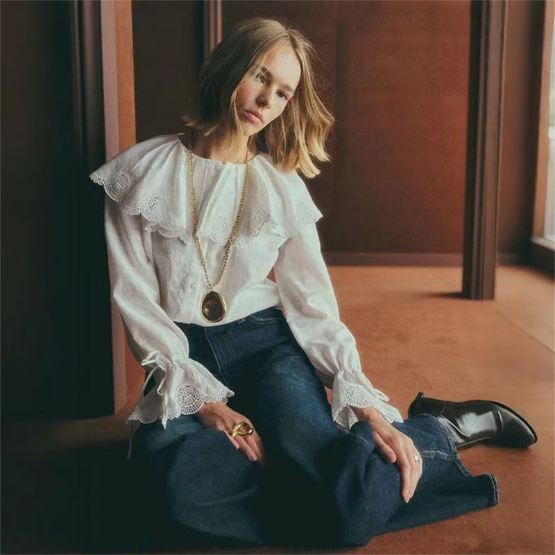 Big Romance [Paris Seza* Shirt] Bag French Style 25 Autumn Ruffled Hollow Flared Sleeve White Shirt