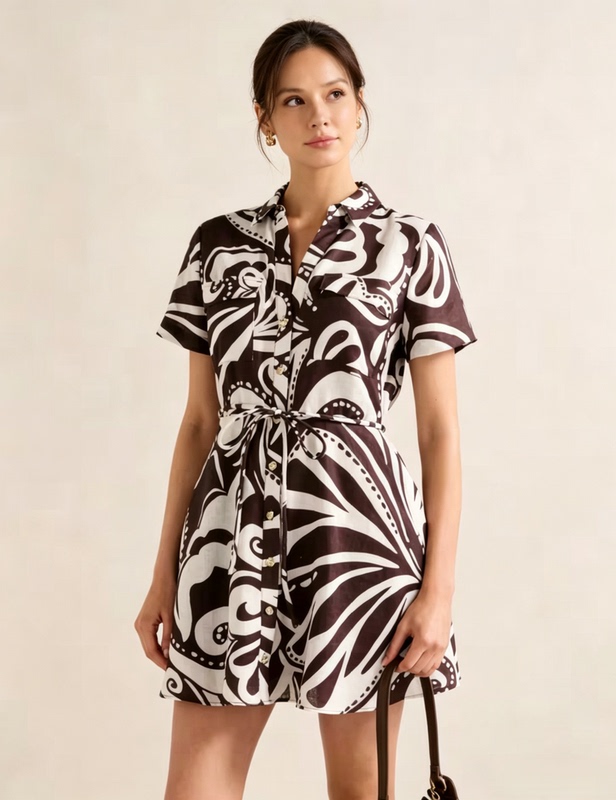 Australian Retro Brown and White Abstract Print 100% Linen Shirt Dress with Waist Tie and Short Sleeves for Vacation