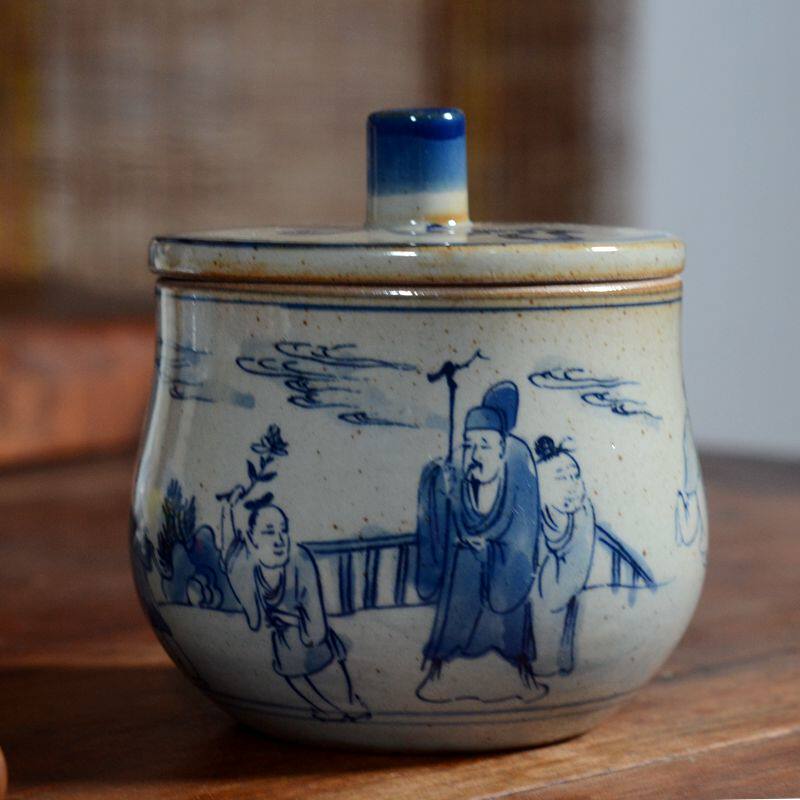 Jingdezhen imitated ancient green flower porcelain figure ceramic tea leaf jars coarse pottery Classical Tea Storage Tank Wake Tea Jar
