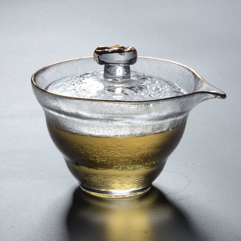 Handmade Day-style high temperature resistant glass one leaf floating cloud hand grit lid bowl frosted atomization thickened tea bowl