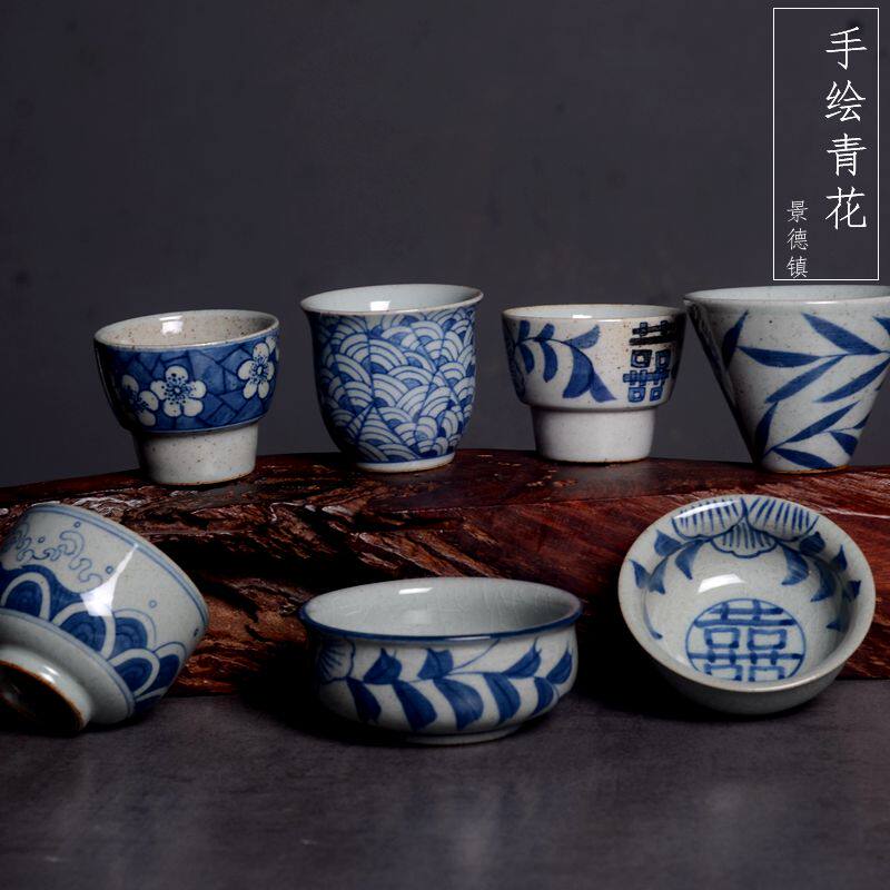 Jingdezhen's old porcelain imitation ancient green flower coarse pottery hand-painted tea cup master's cup Kung fu tea furniture
