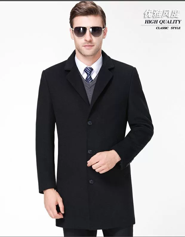 Yalu mùa thu và mùa đông nam trung niên phù hợp với cổ áo len lông nam dài Slim cashmere áo khoác dày