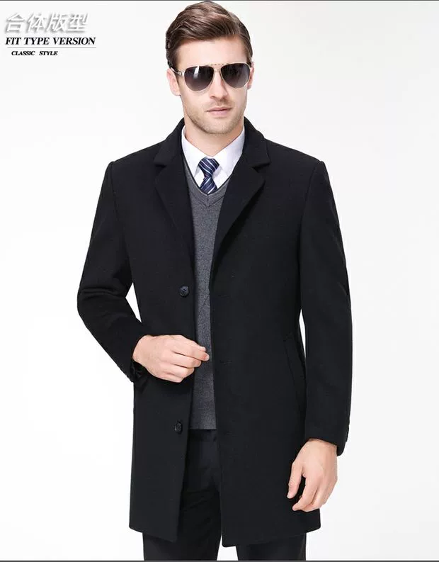 Yalu mùa thu và mùa đông nam trung niên phù hợp với cổ áo len lông nam dài Slim cashmere áo khoác dày