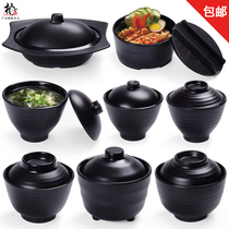 Black frosted imitation porcelain Japanese Korean restaurant flavor soup bowl with lid soup cup wooden bucket rice bowl tableware fast food soup bowl