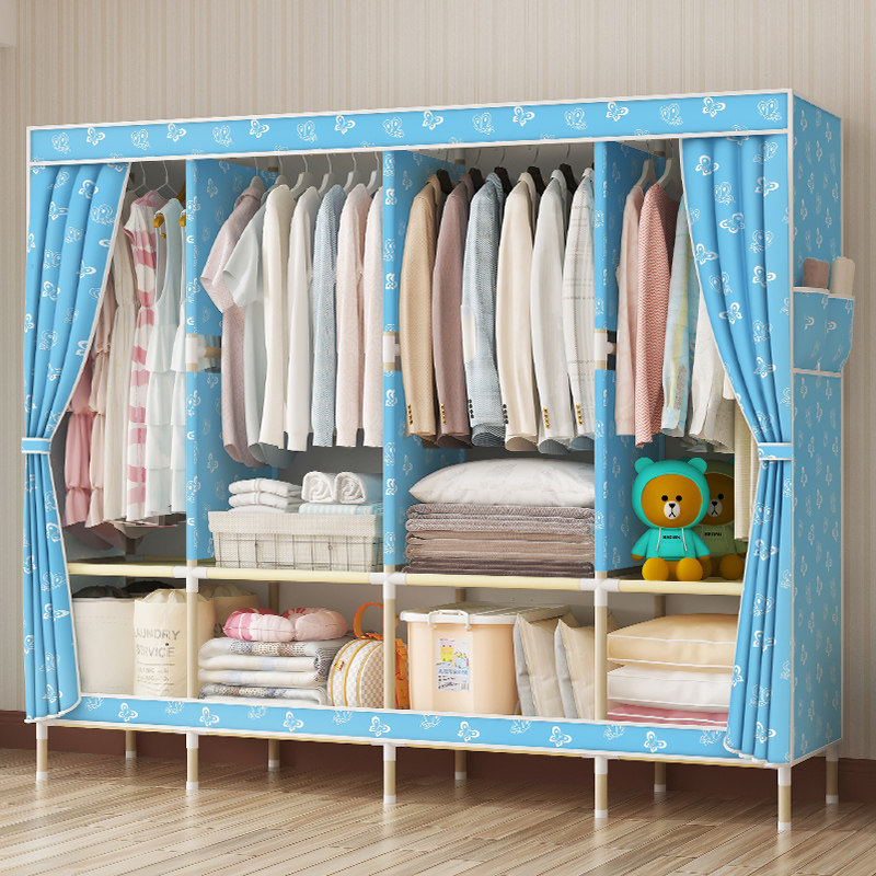 Simple wardrobe rental room with cloth wardrobe Household bedroom strong and durable new oxford cloth solid wood reinforced thickened
