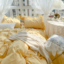 ins solid color lace bed four-piece bed hat 1 three-piece set quilt cover water washing cotton student dormitory single bed sheet 2