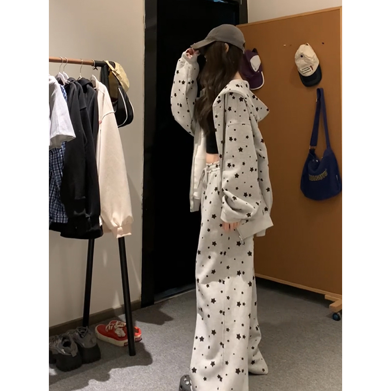 American-Style Loose and Casual Suit for Women in Autumn and Winter with Star Print and Bunny Ears Hooded Sweatshirt and Sweatpants Two-Piece Set