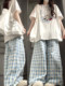 韩系减龄运动套装女夏季2025新款学生休闲短袖格子裤时尚两件套
