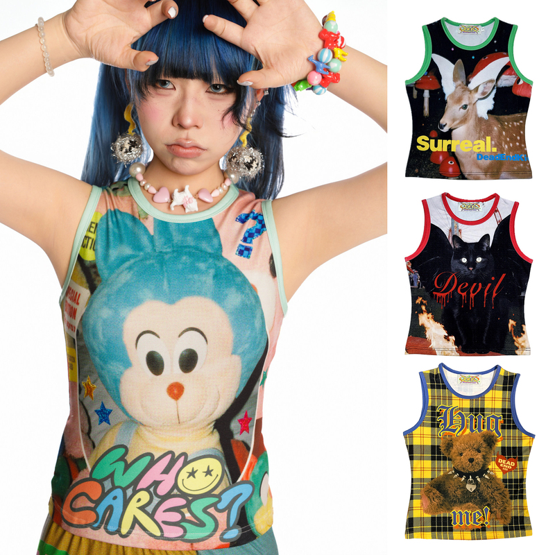 Deadendkids Original Design Cute Printed Stretchy Slim Fit Y2K Casual Sleeveless Tank Top