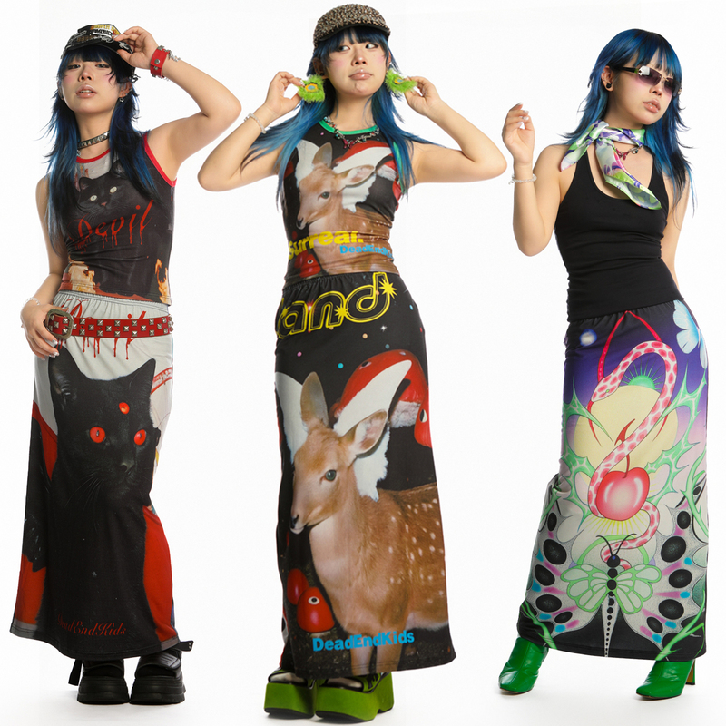 Deadendkids Original Double-Sided Printed Millennium Y2K Stretch Casual Midi Skirt Plus Size Small A-Line Skirt