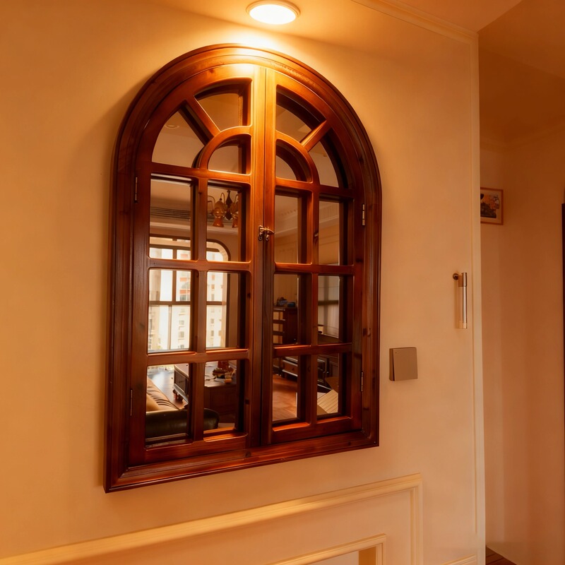 French-Style Solid Wood Faux Window Side Mirror, American Retro Distressed Fireplace Coffee-Colored Decorative Mirror, Guesthouse Wall Decoration