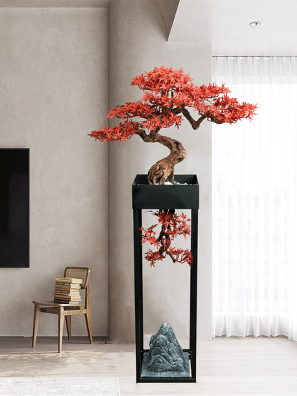 Artificial Plant Bonsai Red Maple Leaf Fake Tree New Chinese Style Decoration for Entrance, Hotel, Restaurant, Entryway, Flower Stand, Floor-Standing