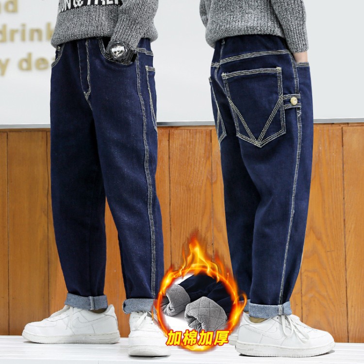 South Korean boy's autumn and winter three-layer thickened cotton pants children CUHK children winter plus suede integrated loose casual jeans