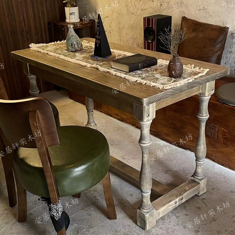 Bar Solid Wood Dining Table, Home Solid Wood Long Table, Tea Table, Milk Tea Shop Dining Table, Vintage Table, Cafe Distressed Table