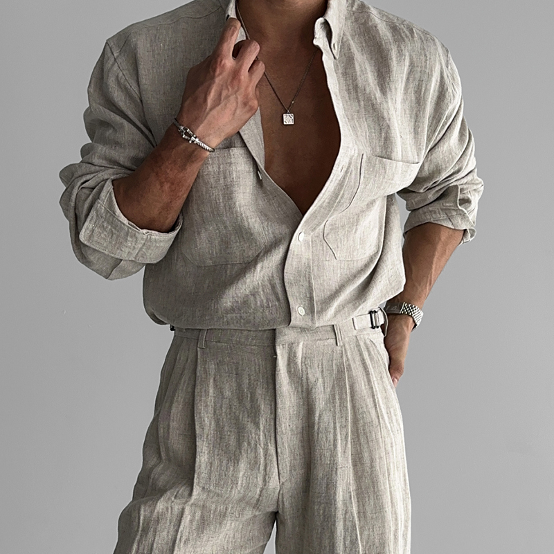 Primas Old Money Style Linen Shirt for Men, Long-Sleeved, Vintage British Style, Loose and Breathable, High-End Feel