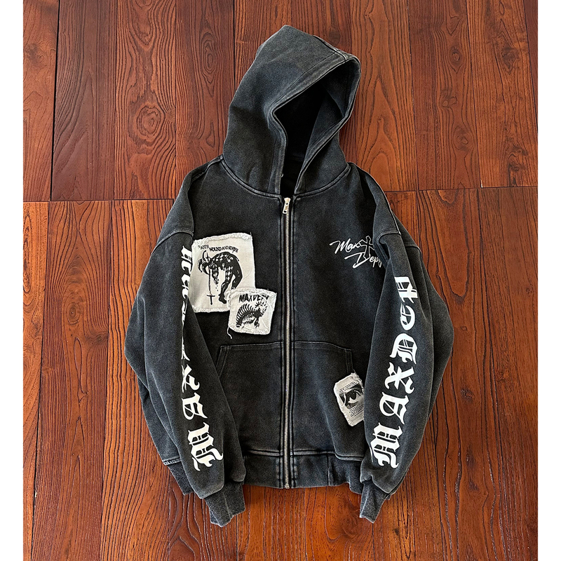 Trendy Gothic Style American Retro Distressed Washed Hooded Cardigan Sweatshirt Unisex Street Loose Y2K Jacket