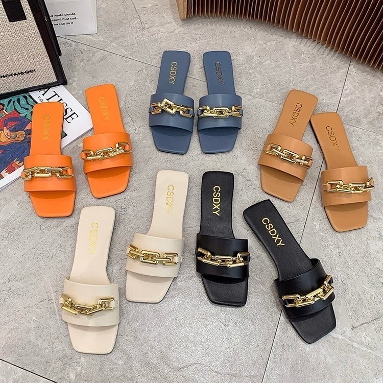 2024 Summer New Style Pu Flat-Soled Small Chain Square-Toe Large Size Women's Slippers Size 42 Beach Shoes