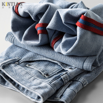 2021 autumn new jeans mens straight knitted cotton stretch fabric light blue washed pants mens slim fit