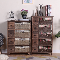 Solid wood bedside table Economical simple American rattan storage cabinet Retro small cabinet storage cabinet multi-function