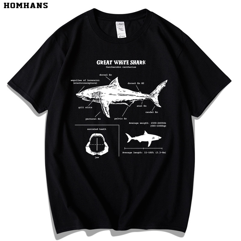 Great White Shark Diagram Shark Science Education Animal Personality Men's T-Shirt Top Summer Loose Short Sleeve Pure Cotton