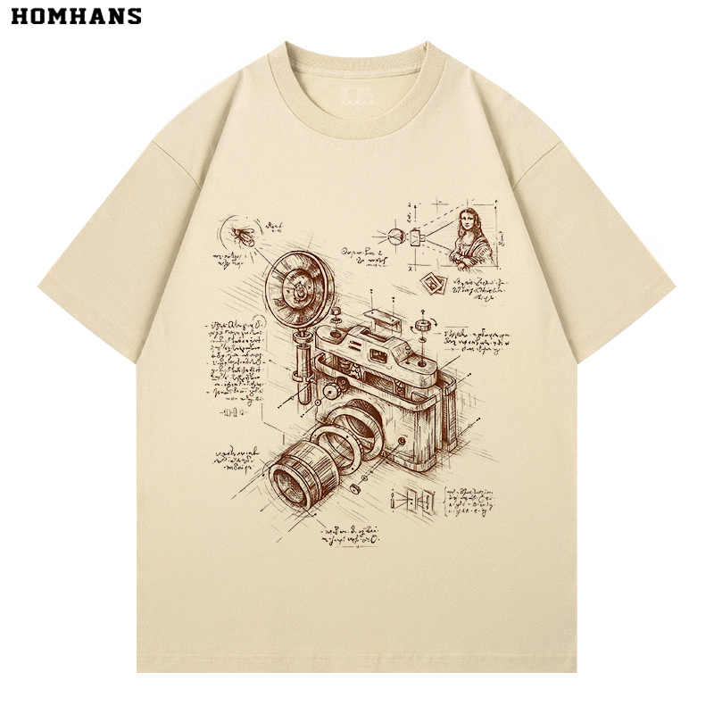 Photography Camera Retro Hand-Painted Creative Fun Breathable Printed Short-Sleeved T-Shirt Combed Cotton Unisex Summer Loose Fit