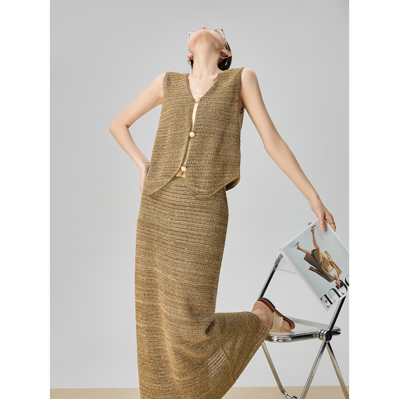 Gulili's Very Beautiful Two-Piece Brown Linen Sleeveless Vest and Skirt Set for Women, 2026 Summer Outfit, Complete Set