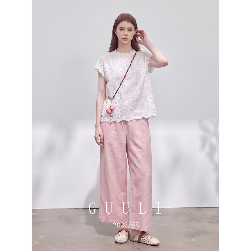 White Embroidered Flutter-Sleeve Top with Nude Pink Wide-Leg Pants, a Unique and Beautiful Summer Outfit Set