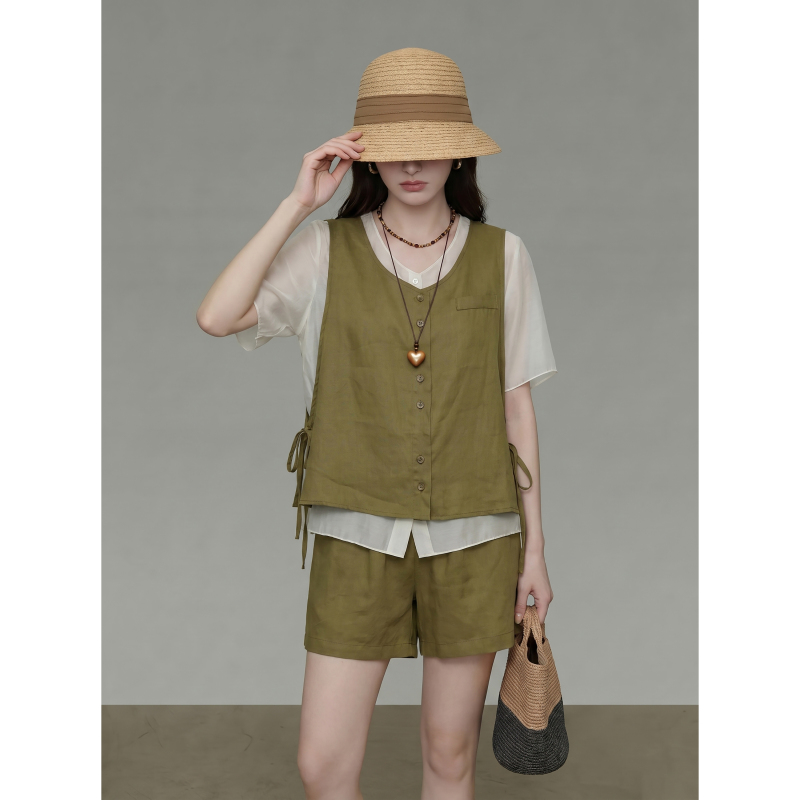 Old Money Style Olive Green Faux Two-Piece Vest Top and Shorts Linen 2026 Super Trendy Summer Outfit Complete Fashion Set
